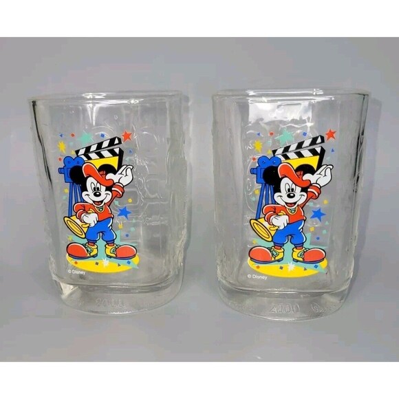 Vtg Set 2 Walt Disney World Drinking Glasses 2000 McDonalds Mickey Mouse Y2K Cup - Picture 1 of 8